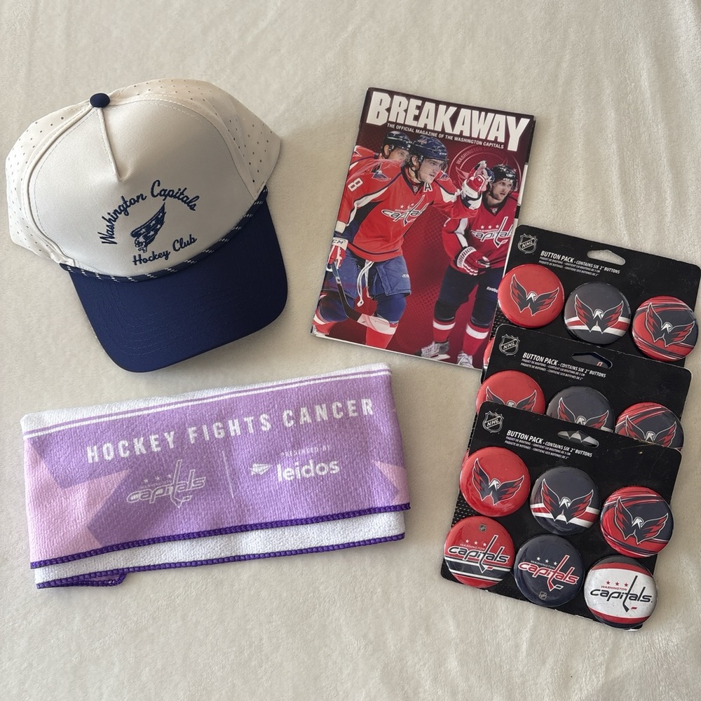 Washington Capitals NHL Lot of Hockey Club Cap, Buttons, Program, Towel